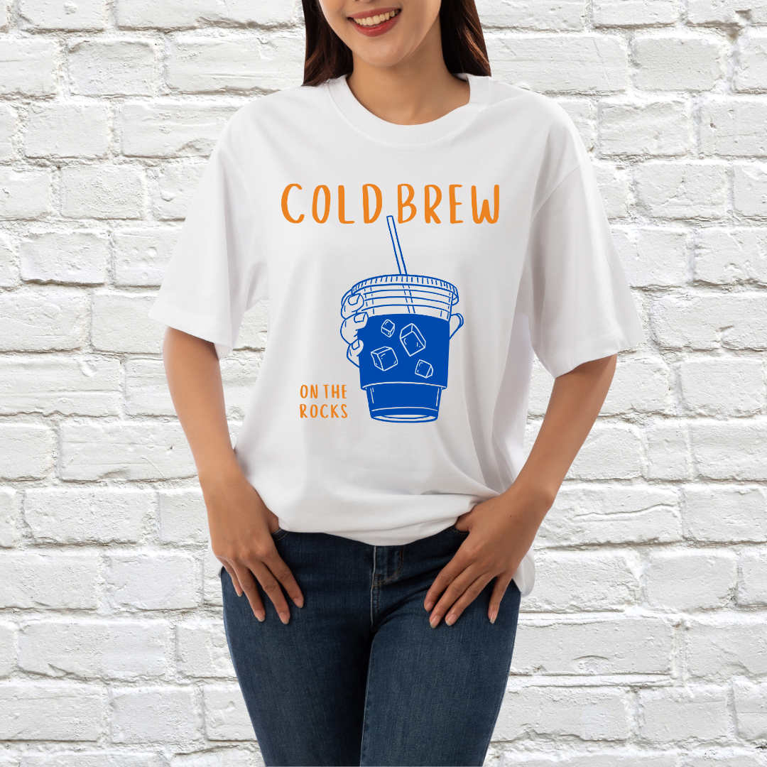 Cold Brew On the Rocks- Unisex Oversized Tshirt (White)